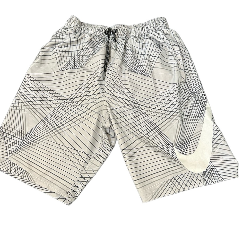 Nike Grey Big White Swoosh Black Striped Lined Mesh Lined Shorts Size Small Used